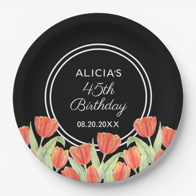 Elegant Spring Red Tulip Flora Black 45th Birthday Paper Plates (Front)