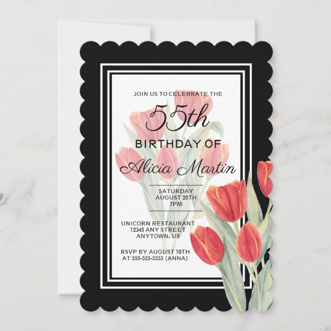 Elegant Spring Red Tulip Flora Black 55th Birthday Invitation (Front)