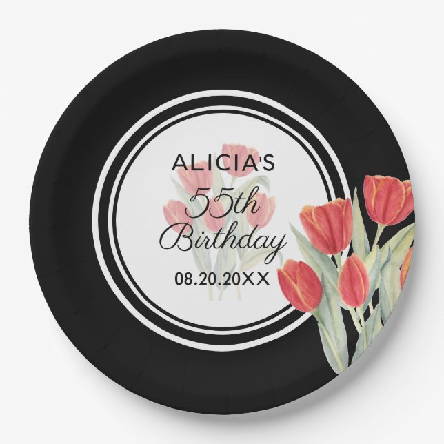 Elegant Spring Red Tulip Flora Black 55th Birthday Paper Plates (Front)