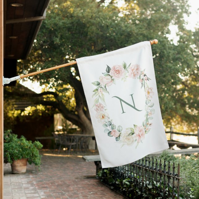 Elegant Spring Summer Floral Monogram House Flag (In SItu)