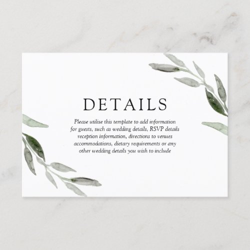 Elegant Spring Summer Green Leaf Wedding Details Enclosure Card