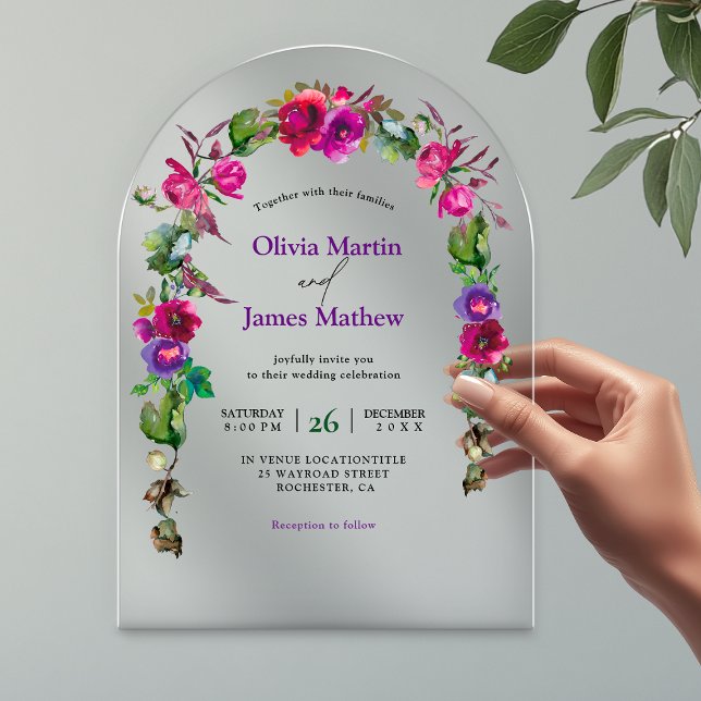 Elegant spring summer pink purple flowers wedding acrylic invitations (Creator Uploaded)