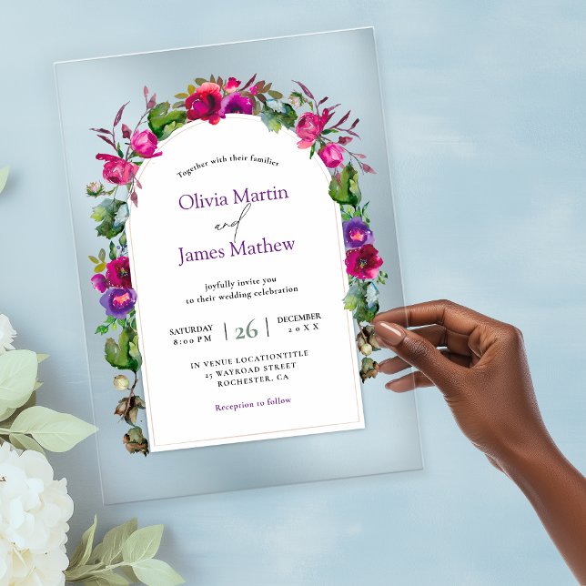 Elegant spring summer pink purple flowers wedding acrylic invitations (Creator Uploaded)