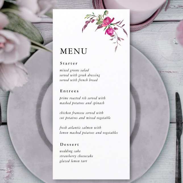 Elegant spring summer pink purple flowers wedding menu (Creator Uploaded)
