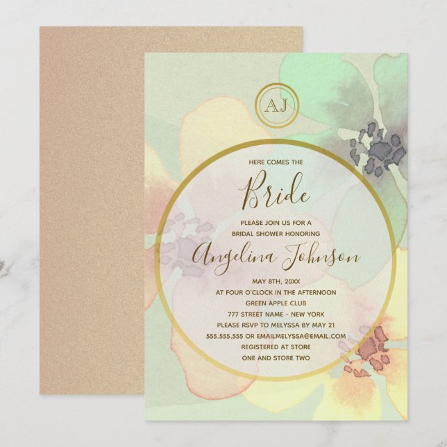 Elegant Spring Summer Watercolor Bridal Shower Invitation (Front/Back)