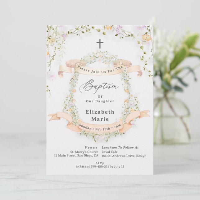 Elegant Spring Summer Wildflower Floral Baptism Invitation (Standing Front)