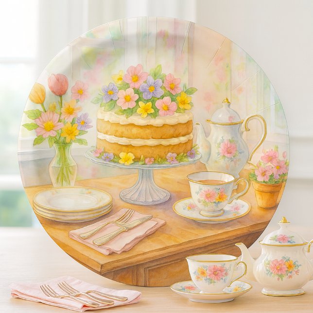 Elegant Spring Tea Party  Paper Plates (watercolor spring tea party paper plate mockup)