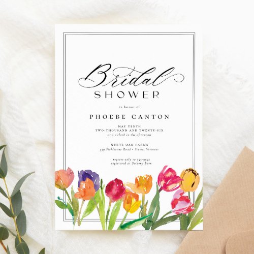 Elegant Spring Tulip Calligraphy Bridal Shower Invitation