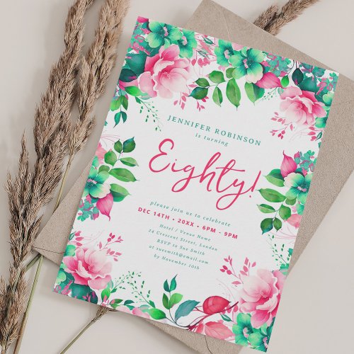 Elegant Spring Watercolor Floral 80 Birthday  Invitation