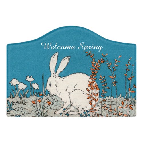 Elegant Spring White Rabbit Sitting Among Flowers Door Sign