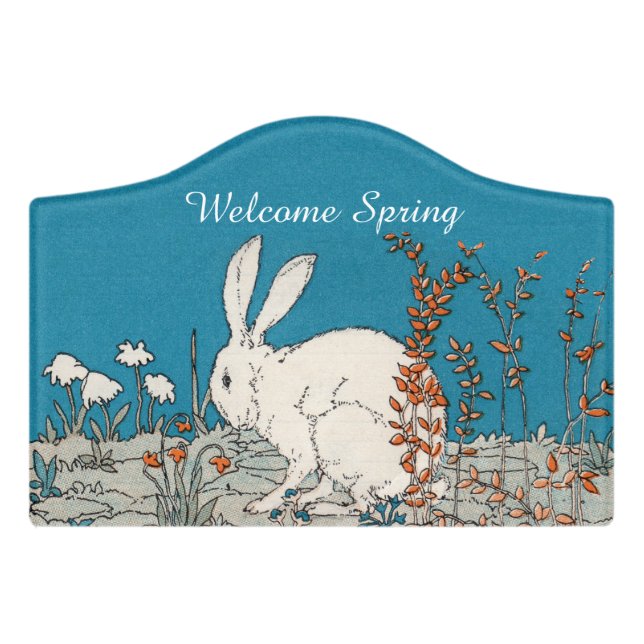 Elegant Spring White Rabbit Sitting Among Flowers Door Sign (Small Crest Front)