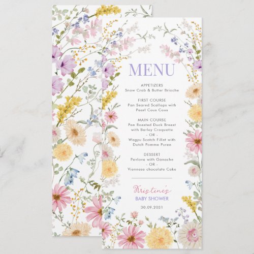 Elegant Spring Wildflower Baby Shower Menu Card