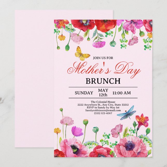 Elegant Spring Wildflower Pink Mother's Day Brunch Invitation (Front/Back)