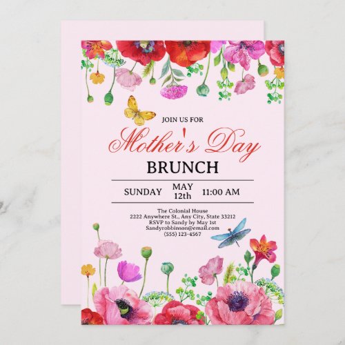 Elegant Spring Wildflower Pink Mothers Day Brunch Invitation
