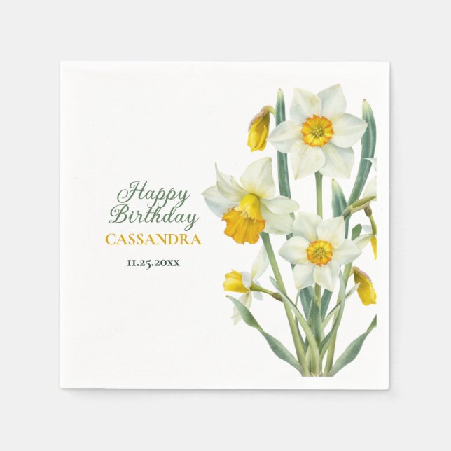 Elegant Spring Yellow Daffodil Floral Birthday Napkins (Front)