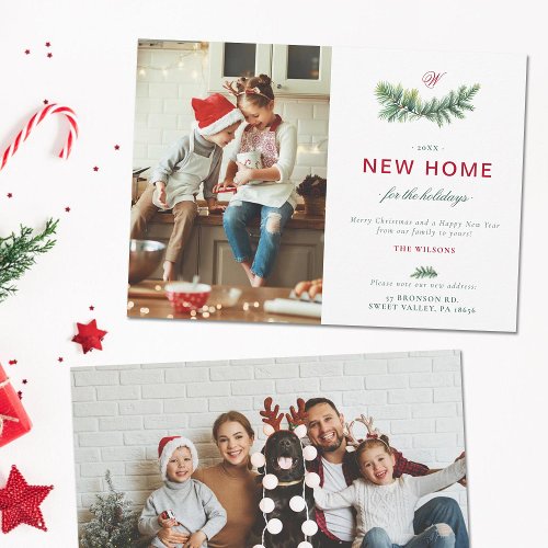 Elegant Spruce New Home Family Monogram 2 Photos Holiday Card