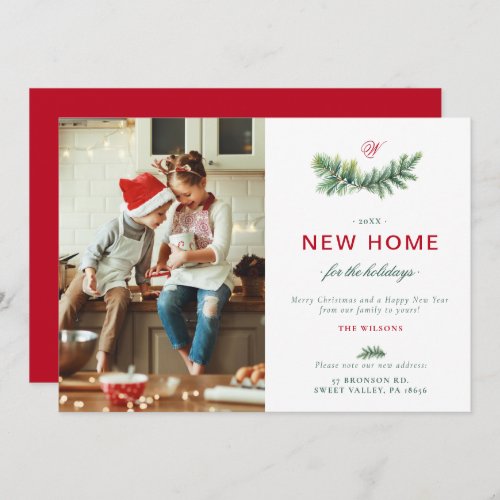 Elegant Spruce New Home Family Monogram Photo Holiday Card