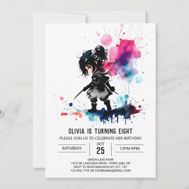 Elegant Spy Ninja Digital Girl Birthday Invitation (Front)