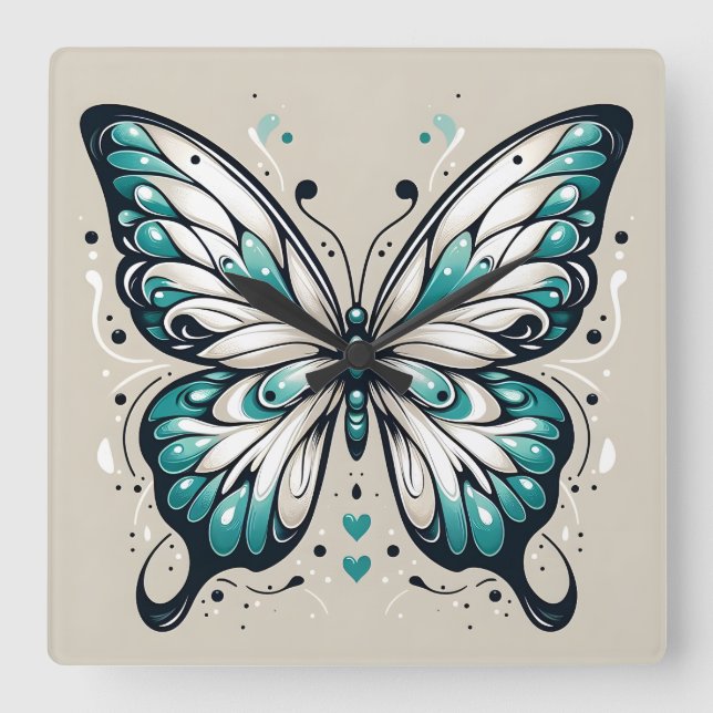 Elegant Square Butterfly Wall Clock (Front)