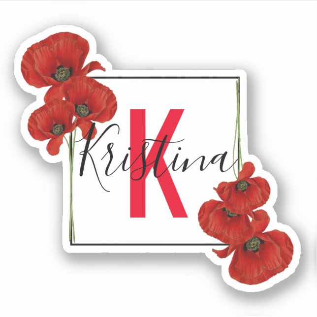 Elegant Square Frame of Red Poppies Monogrammed Sticker (Front)