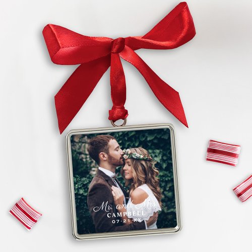 Elegant Square Mr and Mrs Wedding Photo Name Metal Ornament