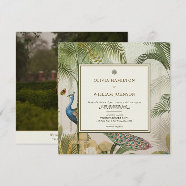 Elegant Square Photo Tropical Peacock Palm Wedding Invitation (Front/Back)