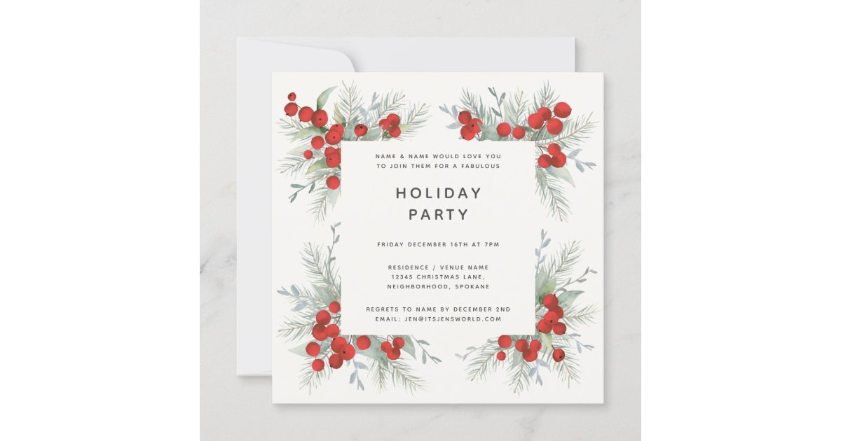 Elegant Square Red Berries Christmas Holiday Party Invitation | Zazzle