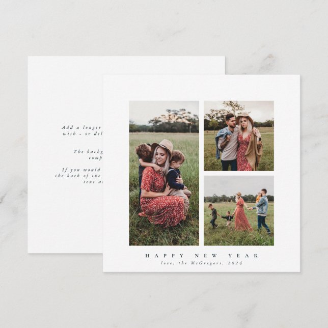 Elegant Square Triple Photo Happy New Year Holiday Card (Front/Back)