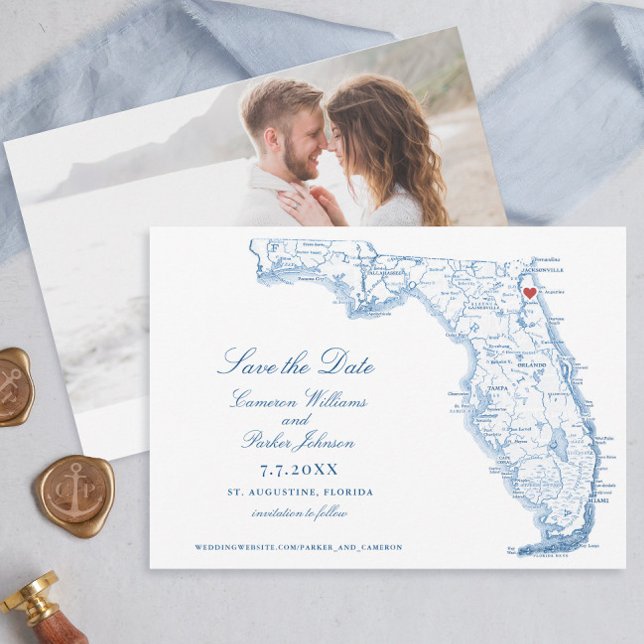 Elegant St. Augustine Florida Wedding Navy Map Save The Date (Elegant St. Augustine Florida map wedding napkins in navy blue by Coastal Map Designs)