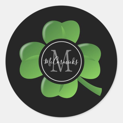 Elegant St Patricks Day Green Shamrock Monogram Classic Round Sticker