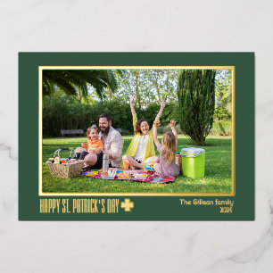 Elegant St patricks day Shamrocks family photo Foil Holiday Card