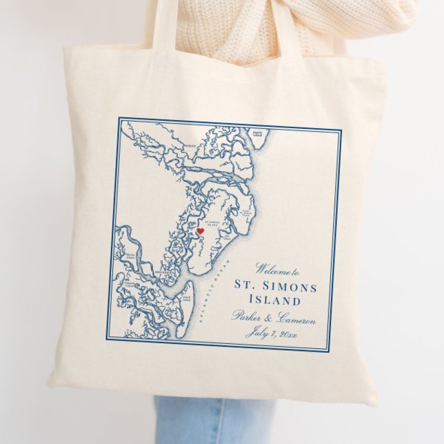 Elegant St. Simons Island Georgia Navy Map Wedding Tote Bag (Elegant St. Simons Island Georgia Wedding Tote Bag with navy blue map )