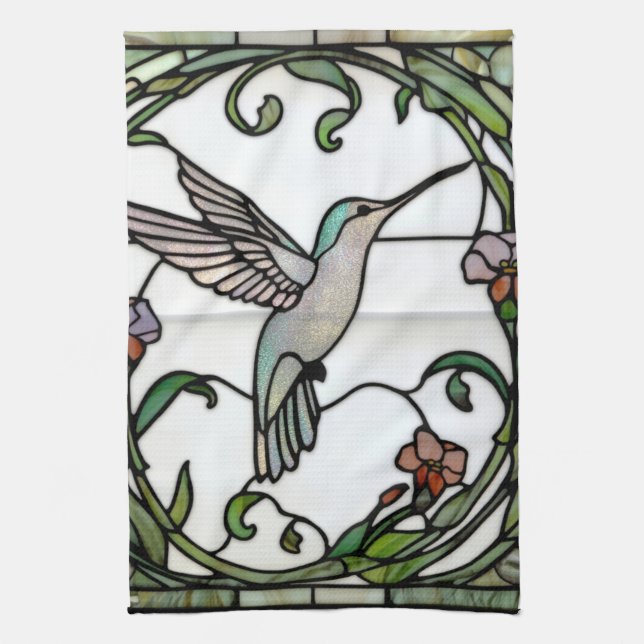 Elegant stain glass art nouveau hummingbird kitchen towel (Vertical)