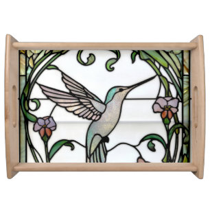 Elegant stain glass art nouveau hummingbird serving tray