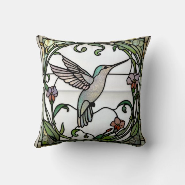 Elegant stain glass art nouveau hummingbird throw pillow (Back)