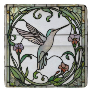 Elegant stain glass art nouveau hummingbird trivet