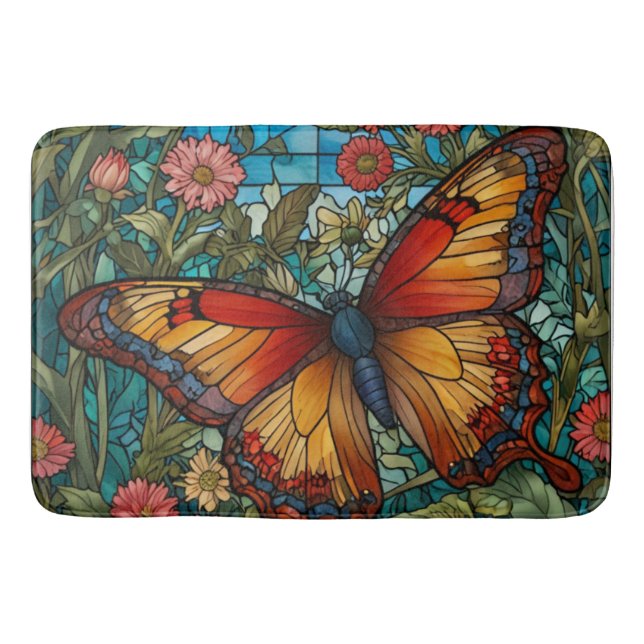 Elegant stain glass butterfly garden bath mat (Front)