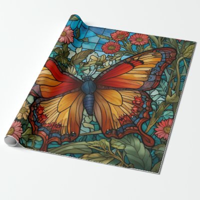 Elegant stain glass butterfly garden wrapping paper