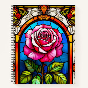 Elegant Stained Glass Artwork of a Vibrant Rose Notebook