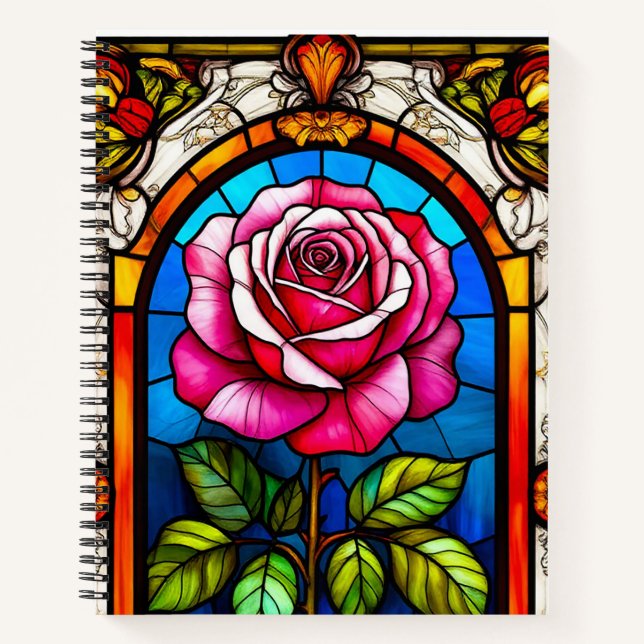 Elegant Stained Glass Artwork of a Vibrant Rose Notebook (Front)