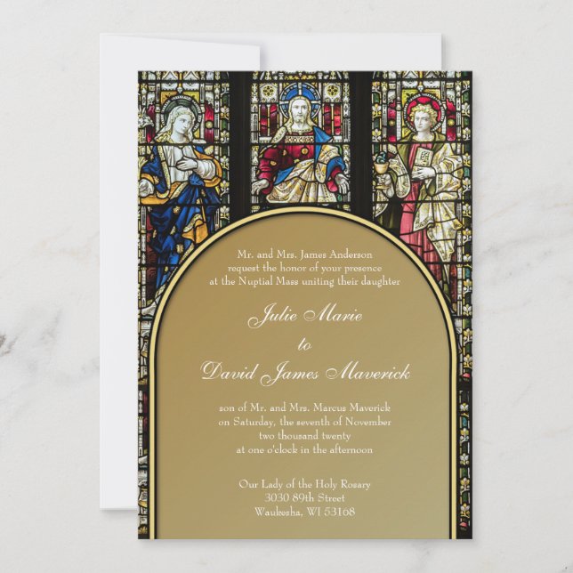 Elegant Stained Glass Catholic Wedding Invitation (Front)