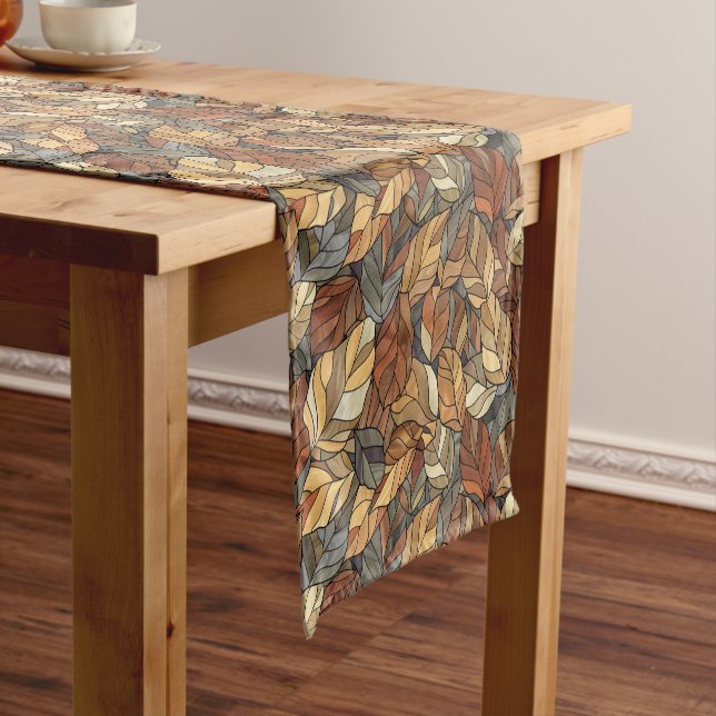 Elegant Stained Glass Fall Leaves - Rustic Autumn Short Table Runner (In Situ)