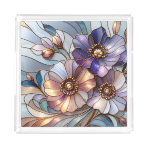 Elegant Stained Glass Floral Design in Soft Pastel Acrylic Tray