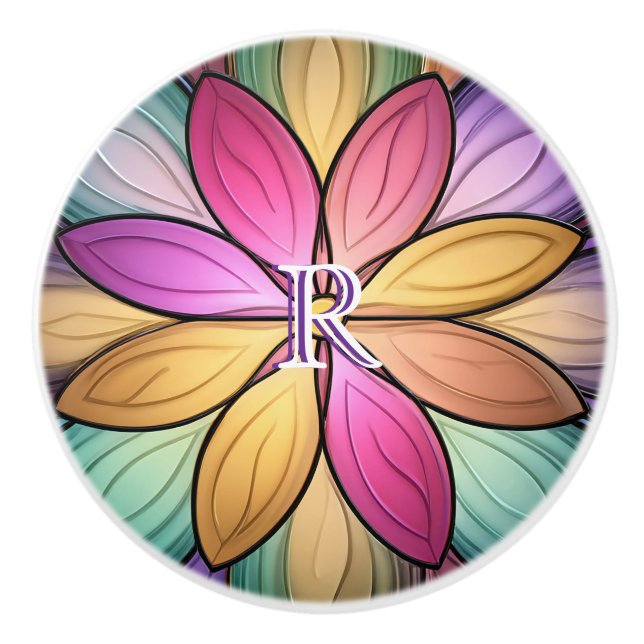 Elegant Stained‑Glass Floral Monogram Initial Ceramic Knob (Front)
