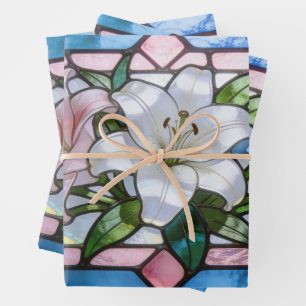 Elegant Stained Glass Lily Floral Design in Soft P Wrapping Paper Sheets