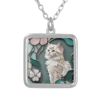 Elegant Stained Glass Mosaic Persian Cat Silver Plated Necklace