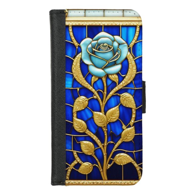 Elegant Stained Glass Panel with Blue Rose iPhone Wallet Case (Front)