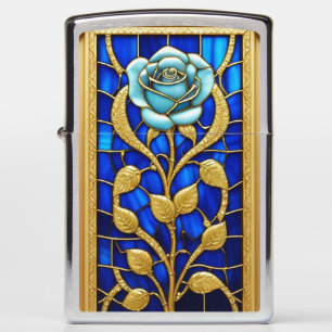 Elegant Stained Glass Panel with Blue Rose Zippo Lighter