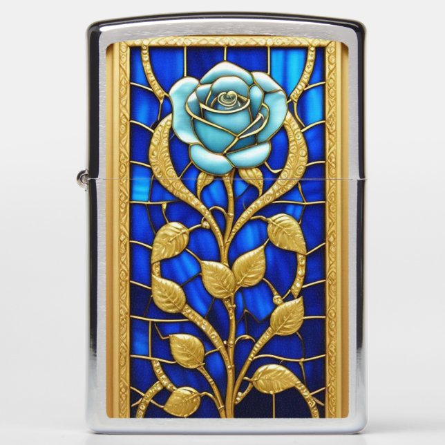 Elegant Stained Glass Panel with Blue Rose Zippo Lighter (Front)