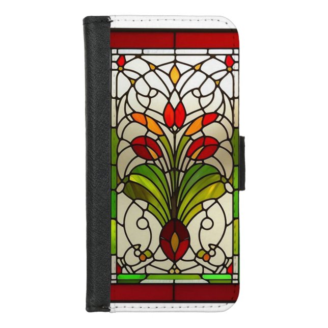 Elegant Stained Glass Panel with Vibrant Flower iPhone Wallet Case (Front)